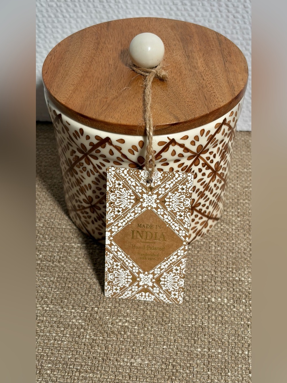 Ceramic Jar with Wood Lid - Hand-Painted Brown & Cream - Picture 3 of 8